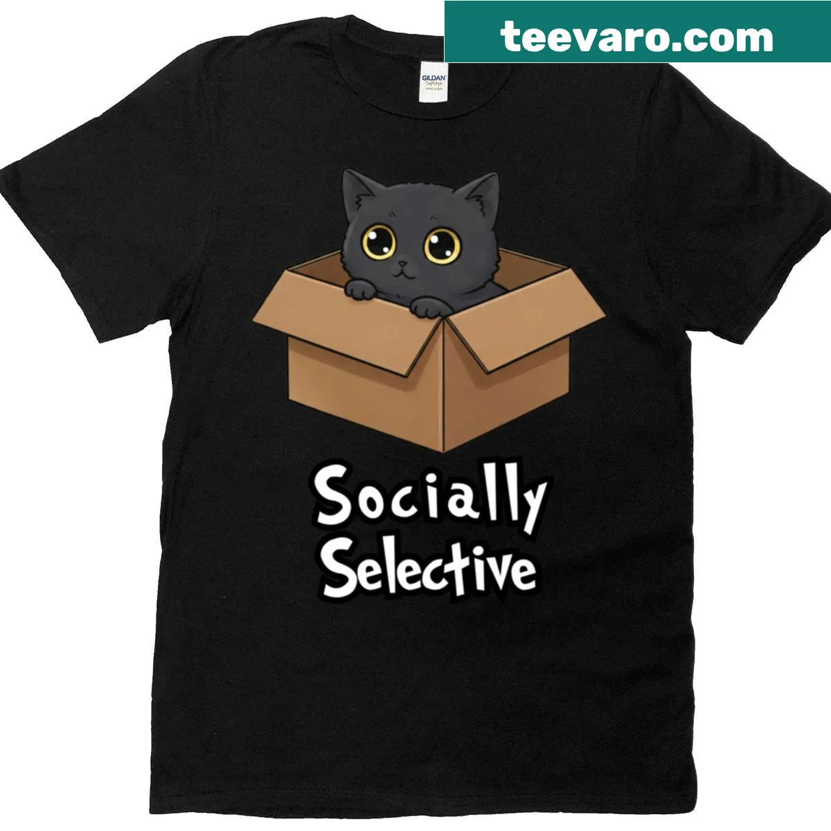 Cute black cat in a box graphic shirt for introverts — on a men's t-shirt