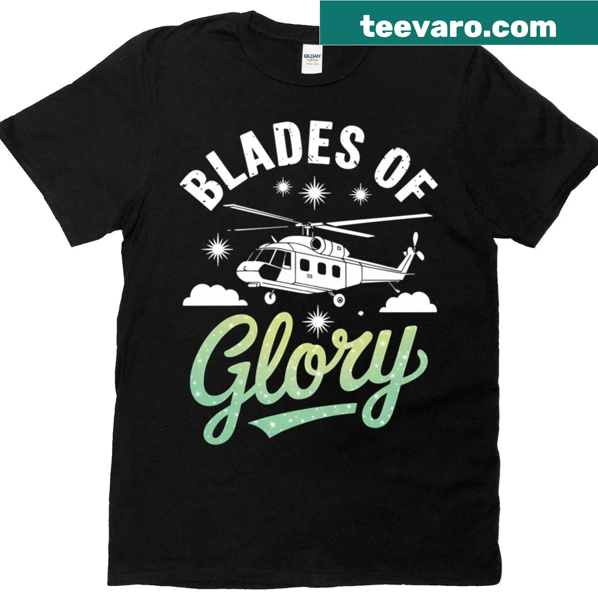 Illustrated T-shirt featuring a helicopter in action for aviation fans. — on a men's t-shirt