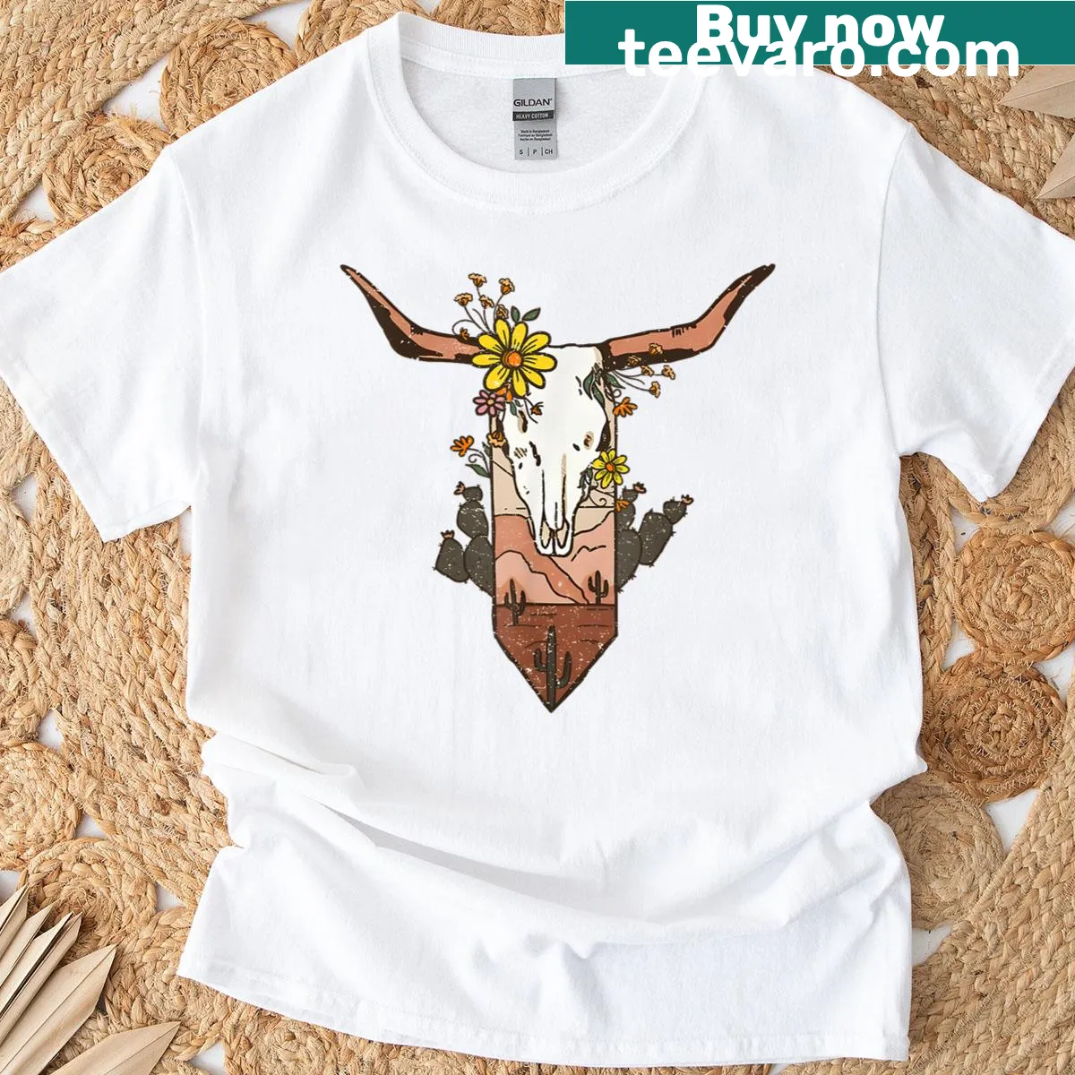 Cow skull and cactus flower design on T-shirt — on a men's t-shirt