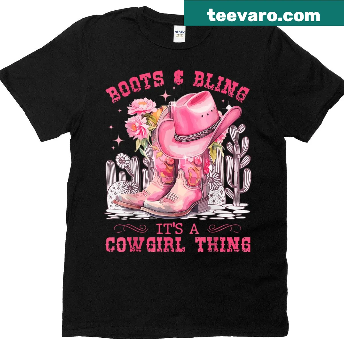 Cowgirl-themed T-shirt with boots and bling illustration — on a men's t-shirt