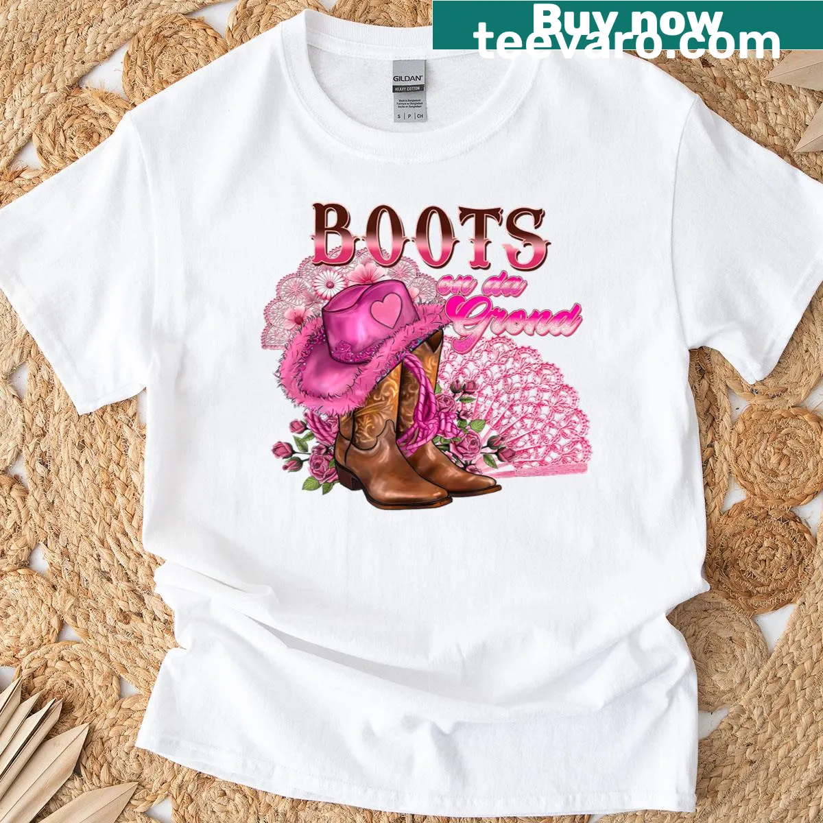 Graphic of dancing cowboy boots illustrating a playful cowgirl spirit — on a men's t-shirt