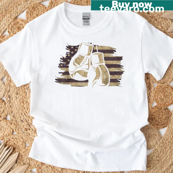 Retro boxing gloves and American flag graphic T-shirt