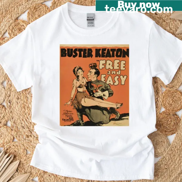 Graphic tribute to Buster Keaton with vintage-style text on a T-shirt