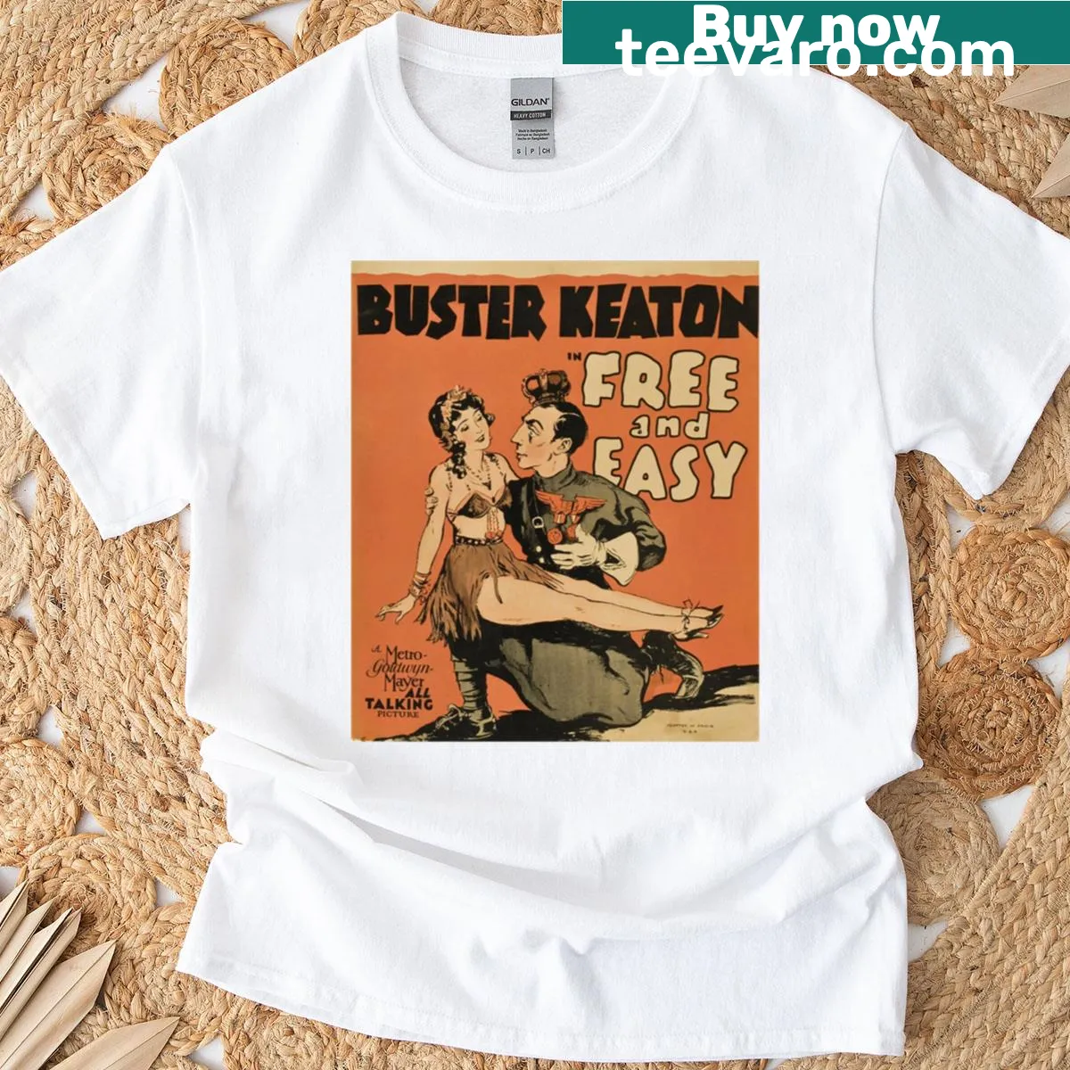 Graphic tribute to Buster Keaton with vintage-style text on a T-shirt — on a men's t-shirt
