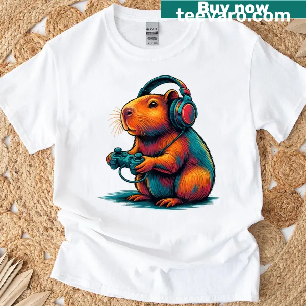 Humorous capybara gaming graphic on a kids' t-shirt