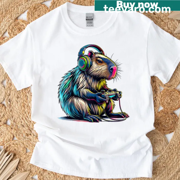 Raglan baseball tee featuring a capybara enjoying video games