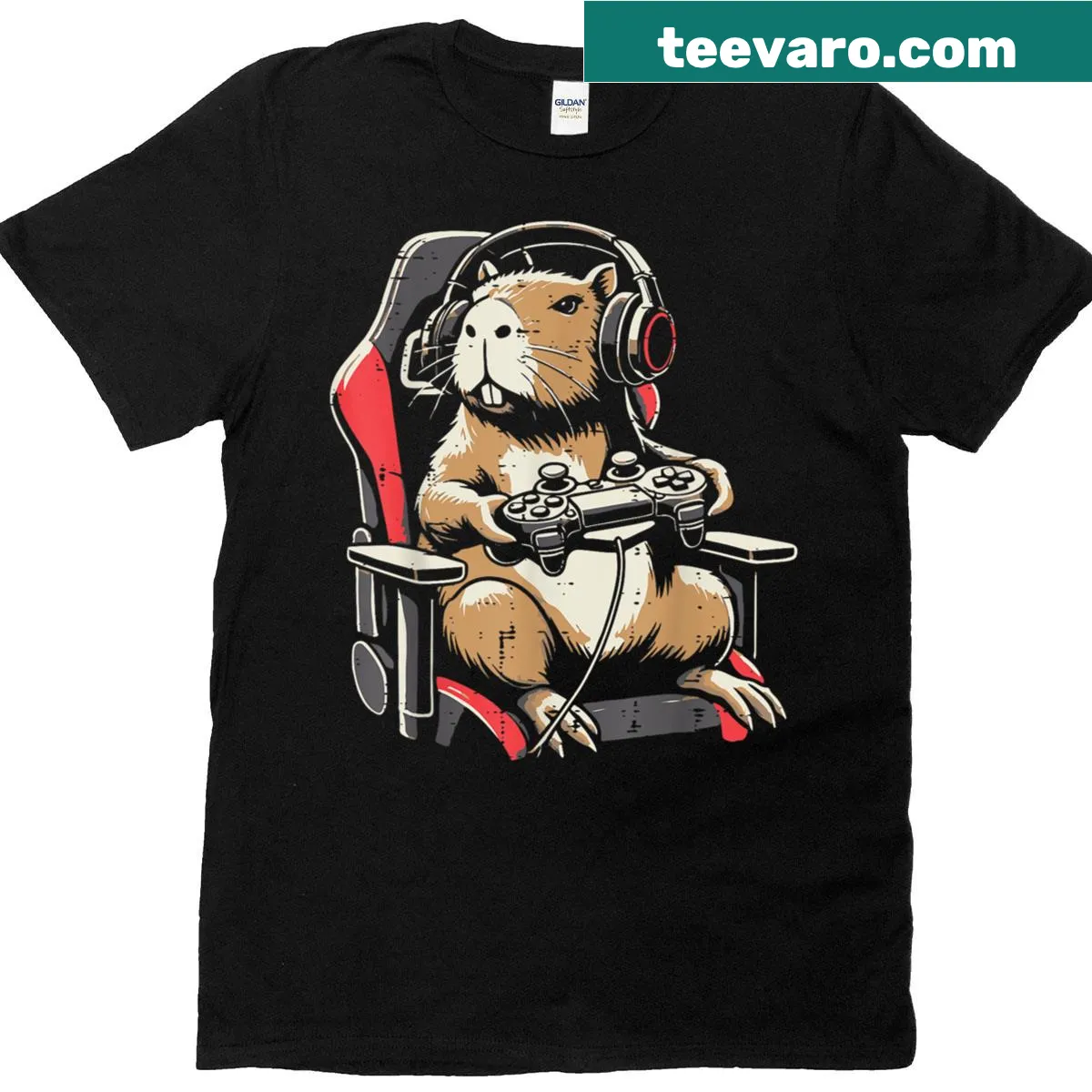 Cartoon capybara wearing gaming headphones on T-shirt — on a men's t-shirt