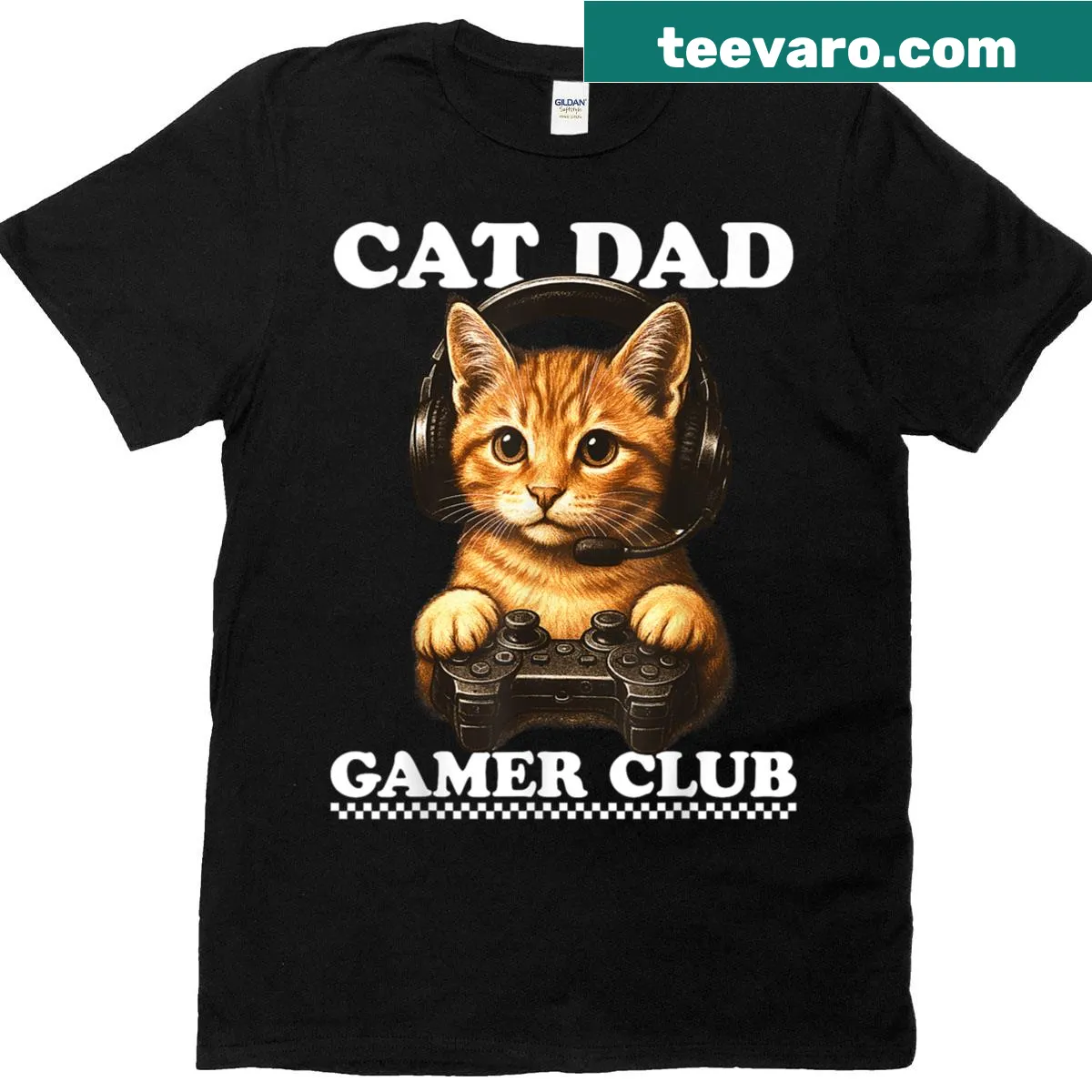 Illustration T-shirt combining gaming and cat themes for Cat Dads — on a men's t-shirt