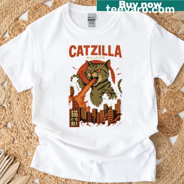 Playful cat graphic resembling a monster on a casual t-shirt