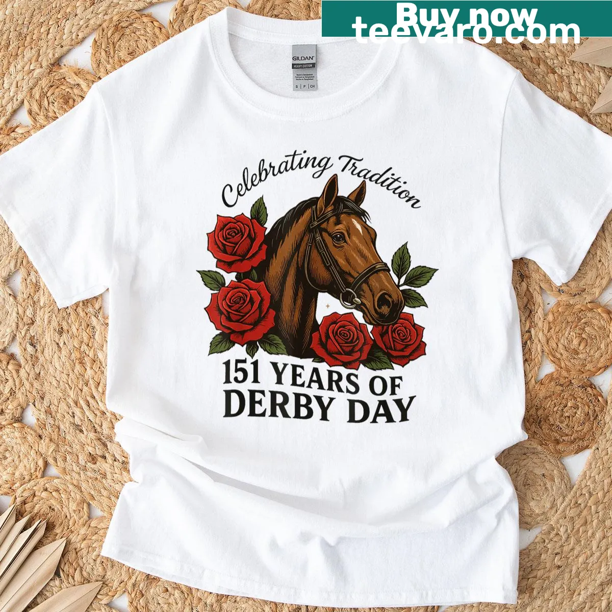 Vintage T-shirt celebrating 151 years of Derby Day horse racing — on a men's t-shirt