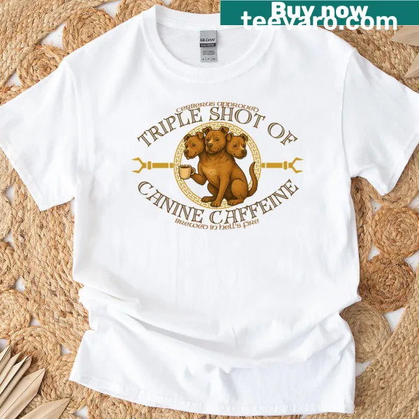 T-shirt featuring a whimsical three-headed dog enjoying coffee
