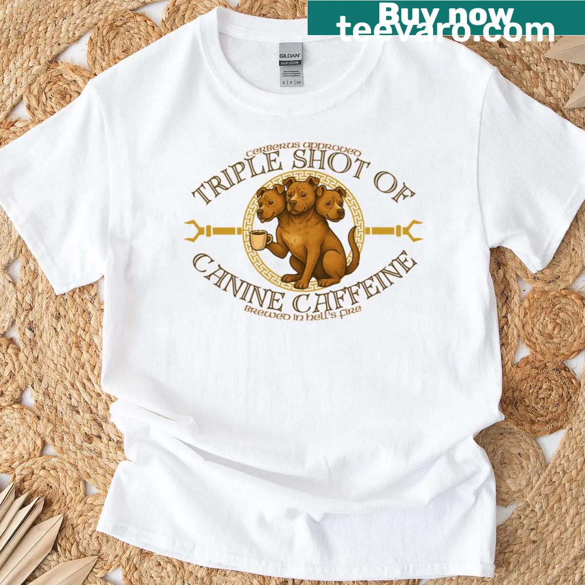 T-shirt featuring a whimsical three-headed dog enjoying coffee — on a men's t-shirt