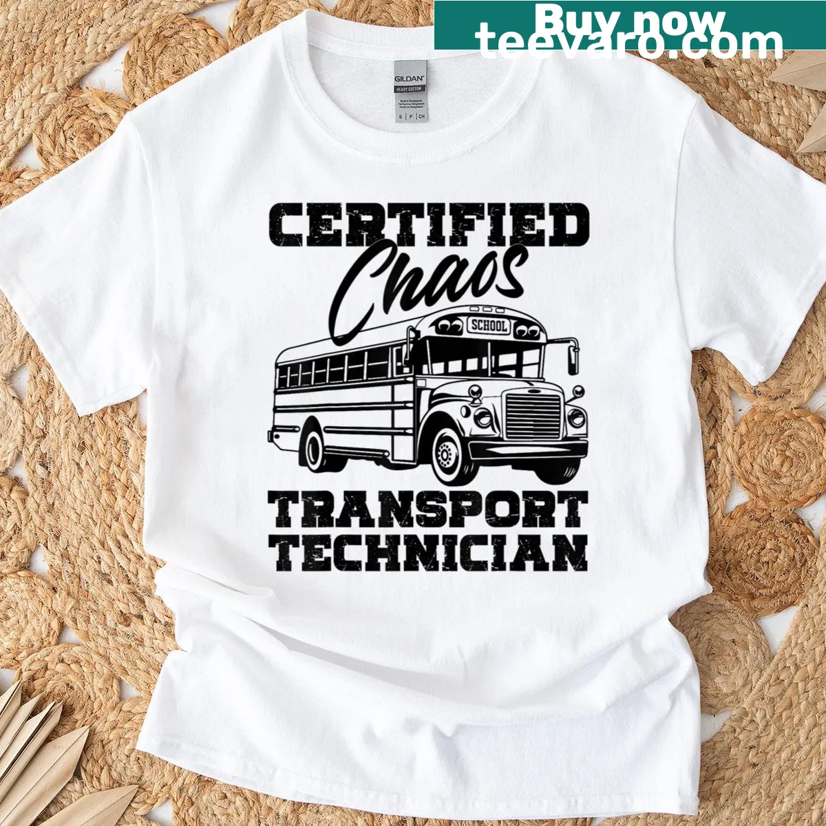 Funny T-shirt for school bus drivers with the phrase 'Certified Chaos Transport Technician' — on a men's t-shirt