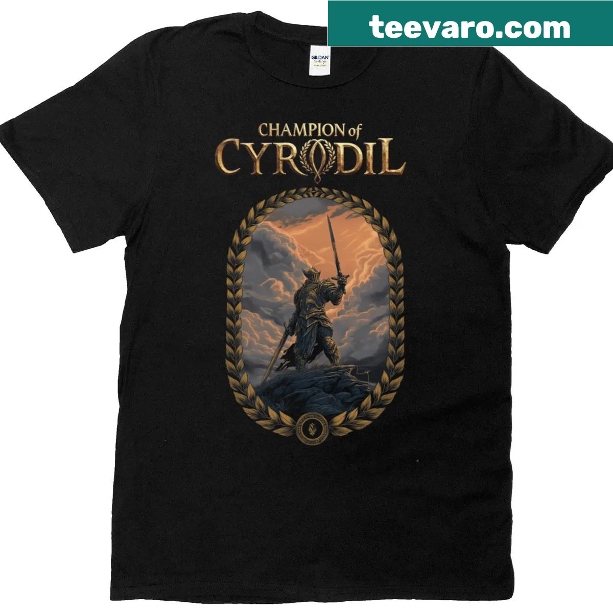 T-shirt with 'Champion Of Cyrodiil' and fantasy-themed illustration — on a men's t-shirt