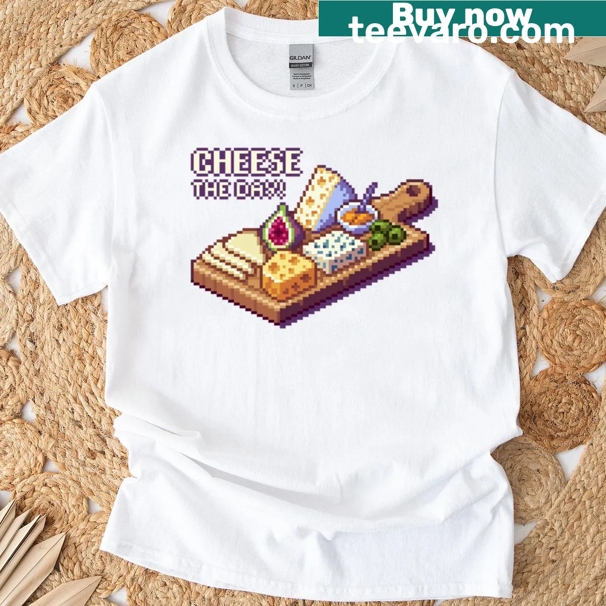 T-shirt featuring pixel art of a cheese board in a playful style — on a men's t-shirt