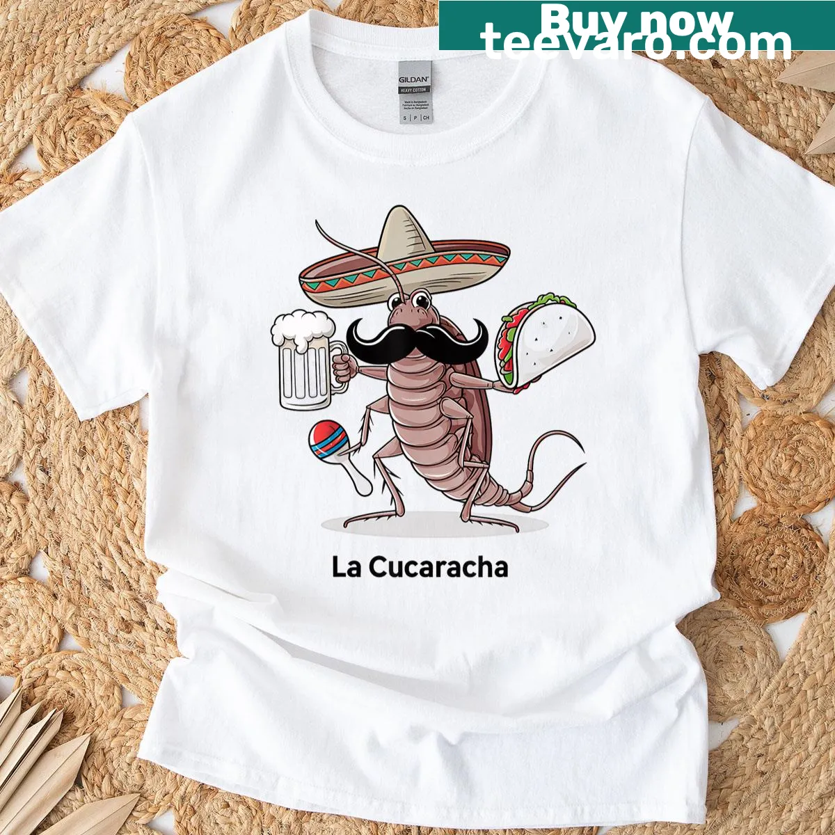 Humorous cartoon design featuring La Cucaracha and fiesta elements on a T-shirt — on a men's t-shirt
