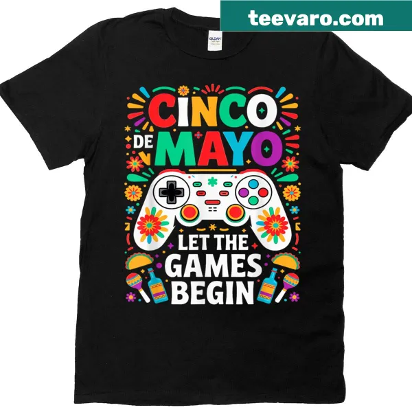 Cinco de Mayo themed T-shirt with gaming controller and maracas.