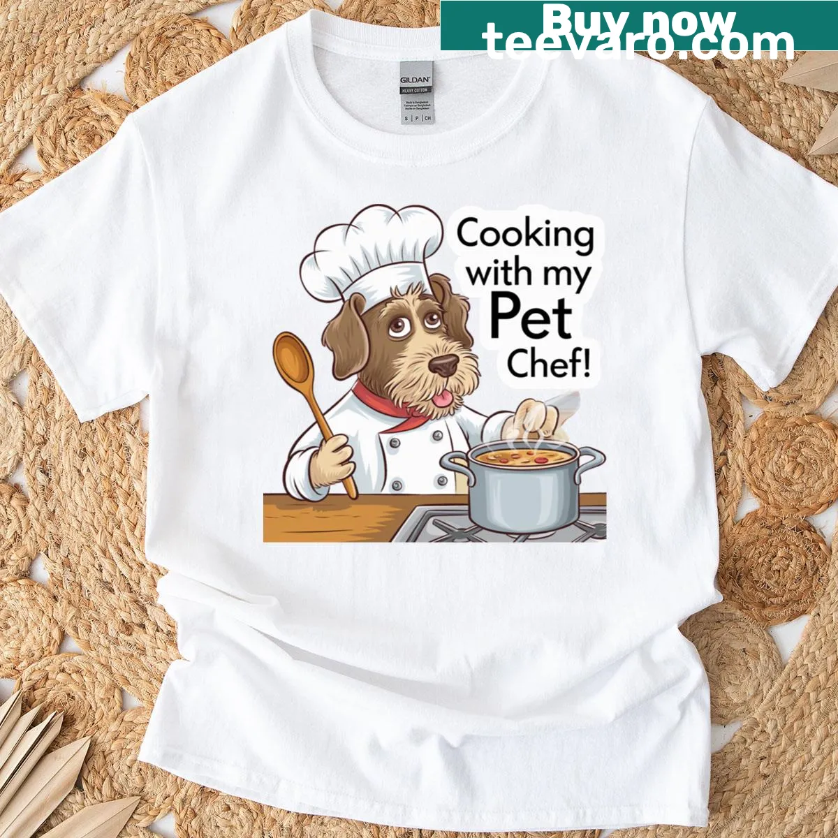 Illustration of a chef dog cooking with its owner on a t-shirt — on a men's t-shirt