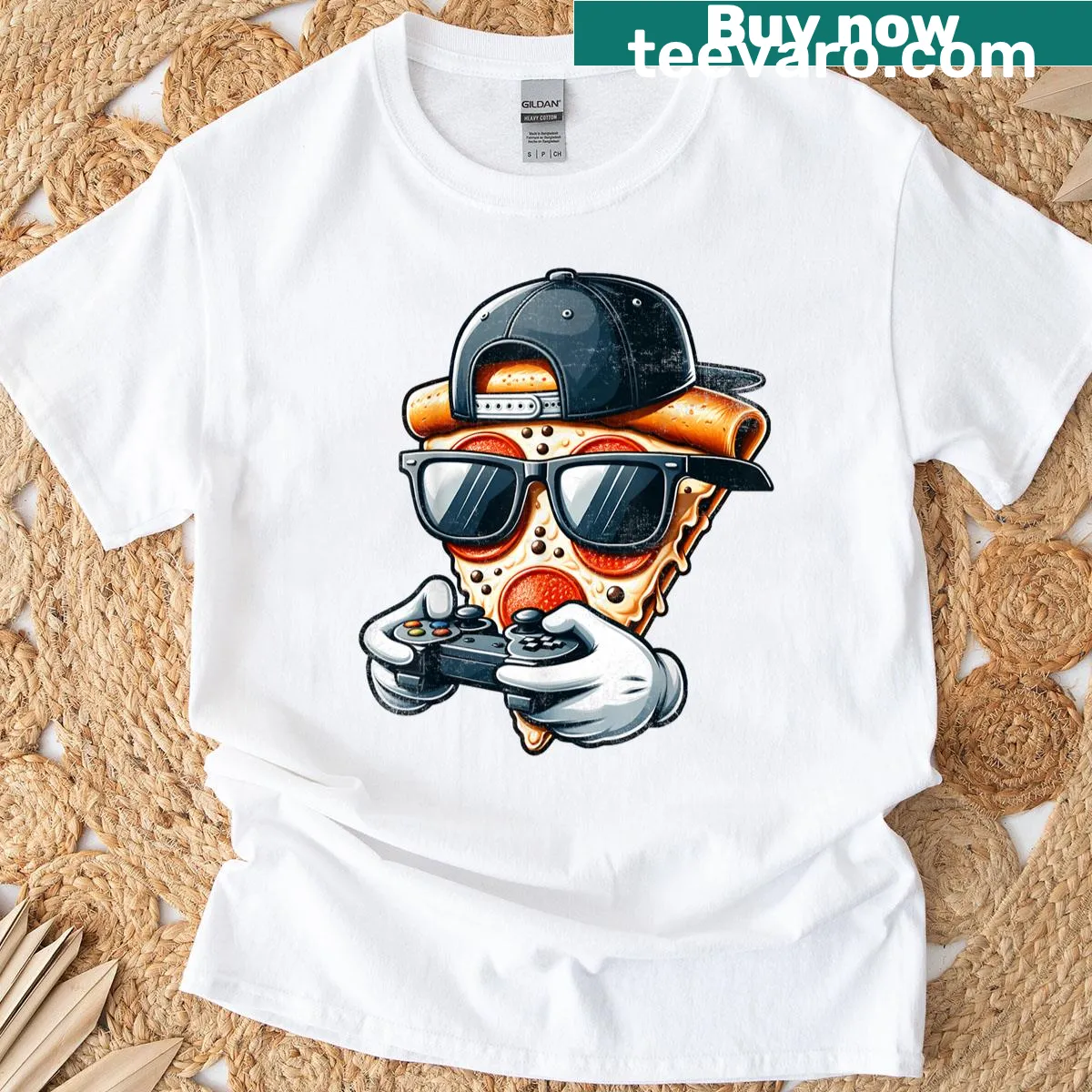 Cartoon pizza character playing video games on a t-shirt — on a men's t-shirt