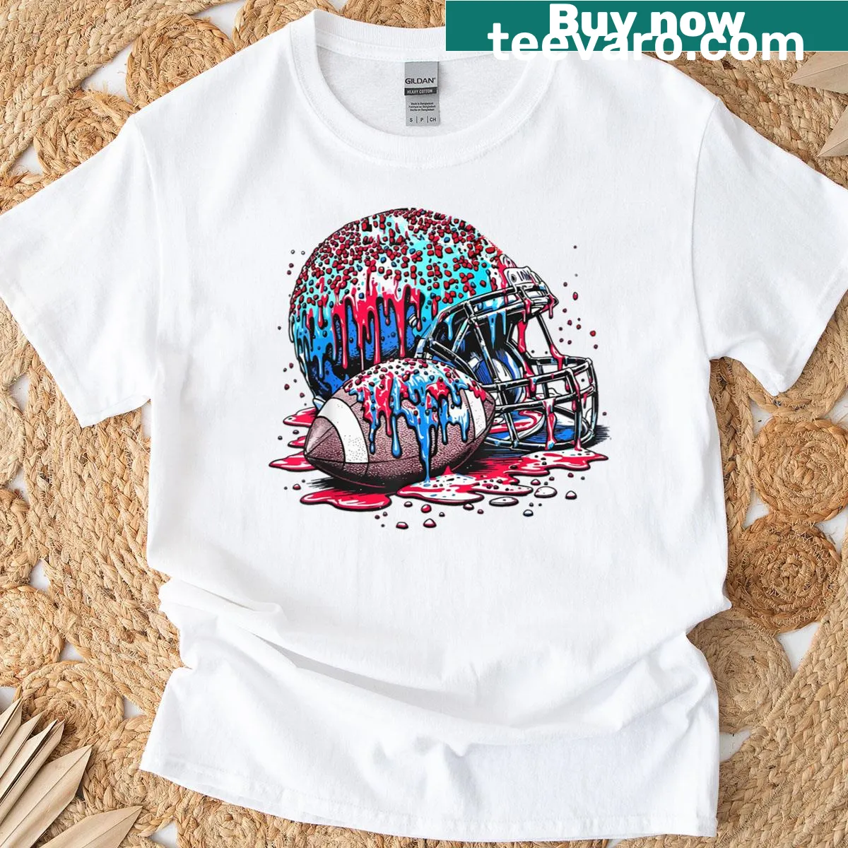 Illustrated football-themed t-shirt with sprinkles design — on a men's t-shirt