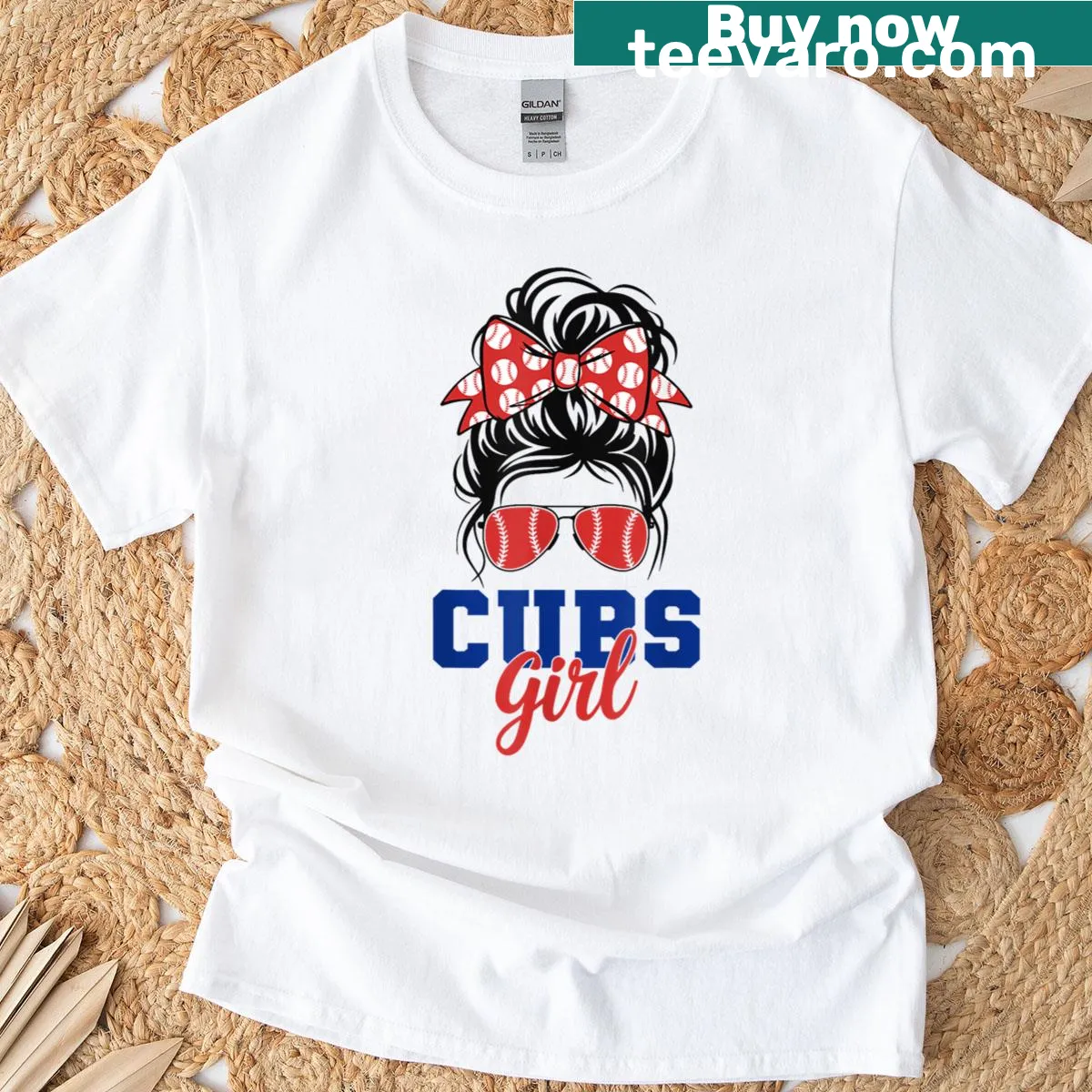 T-shirt featuring a girl with messy bun and Cubs design — on a men's t-shirt