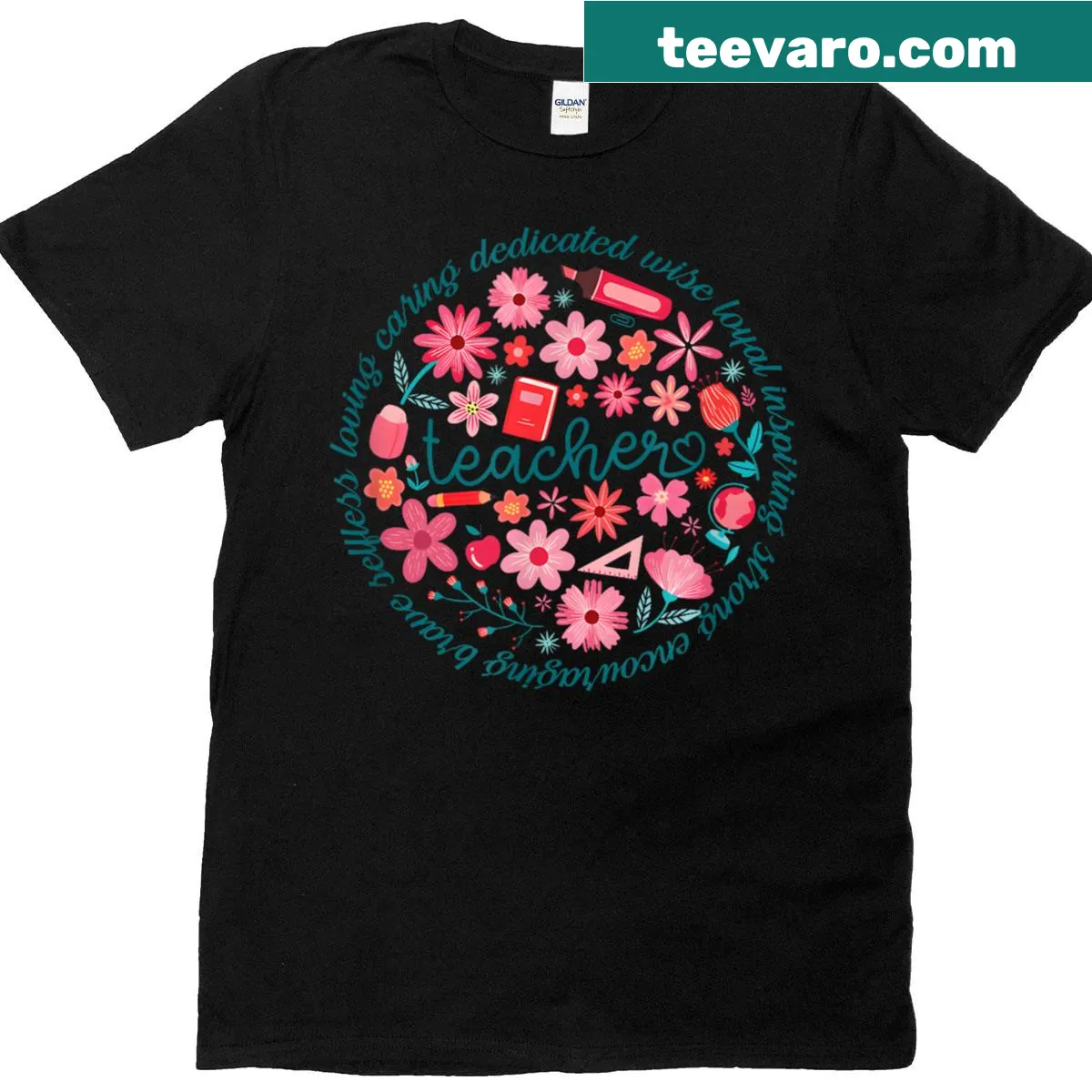 Floral teacher t-shirt with loving and dedicated message — on a men's t-shirt