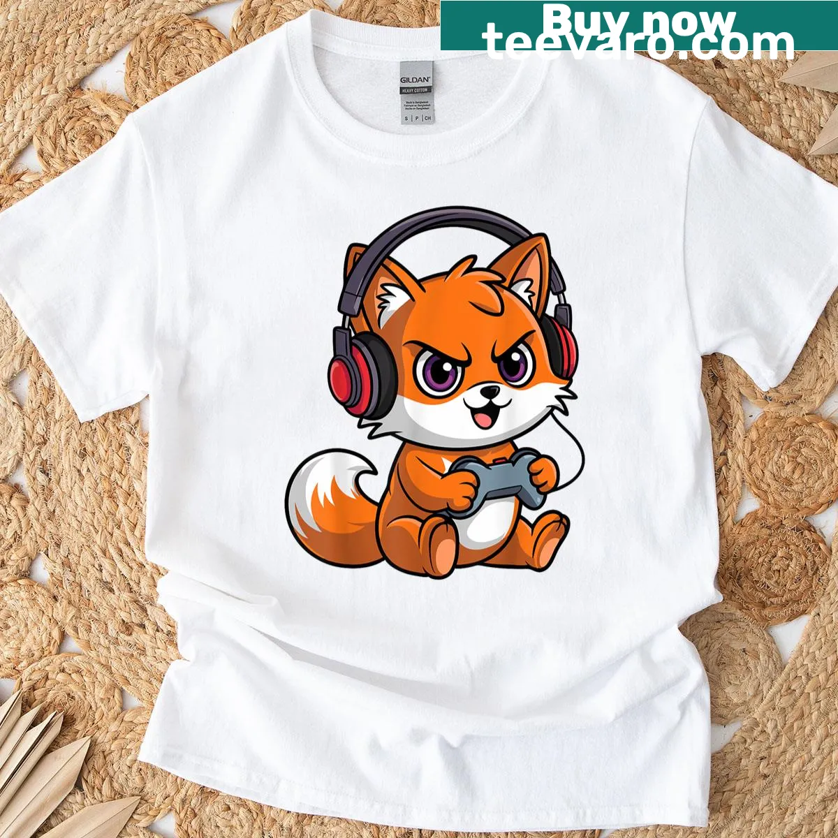 Kawaii style t-shirt featuring a cute fox gamer character — on a men's t-shirt