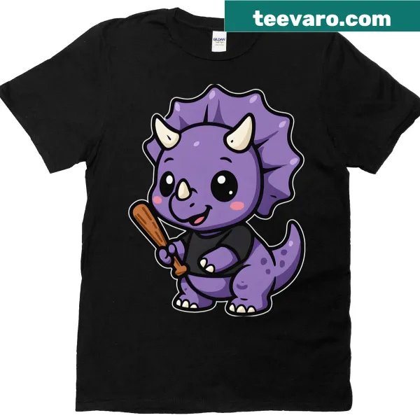Cartoon triceratops playing baseball graphic t-shirt