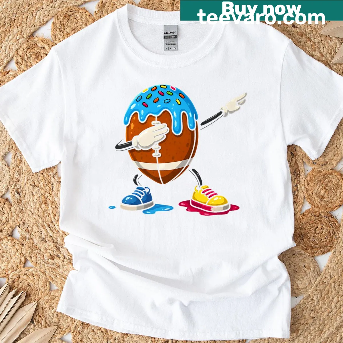 Dabbing football player graphic with ice cream drip illustration — on a men's t-shirt