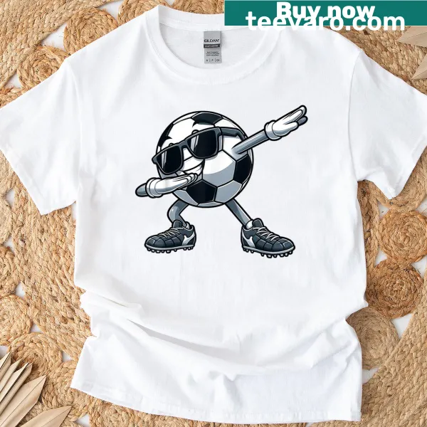 Cartoon dabbing soccer player with a soccer ball graphic