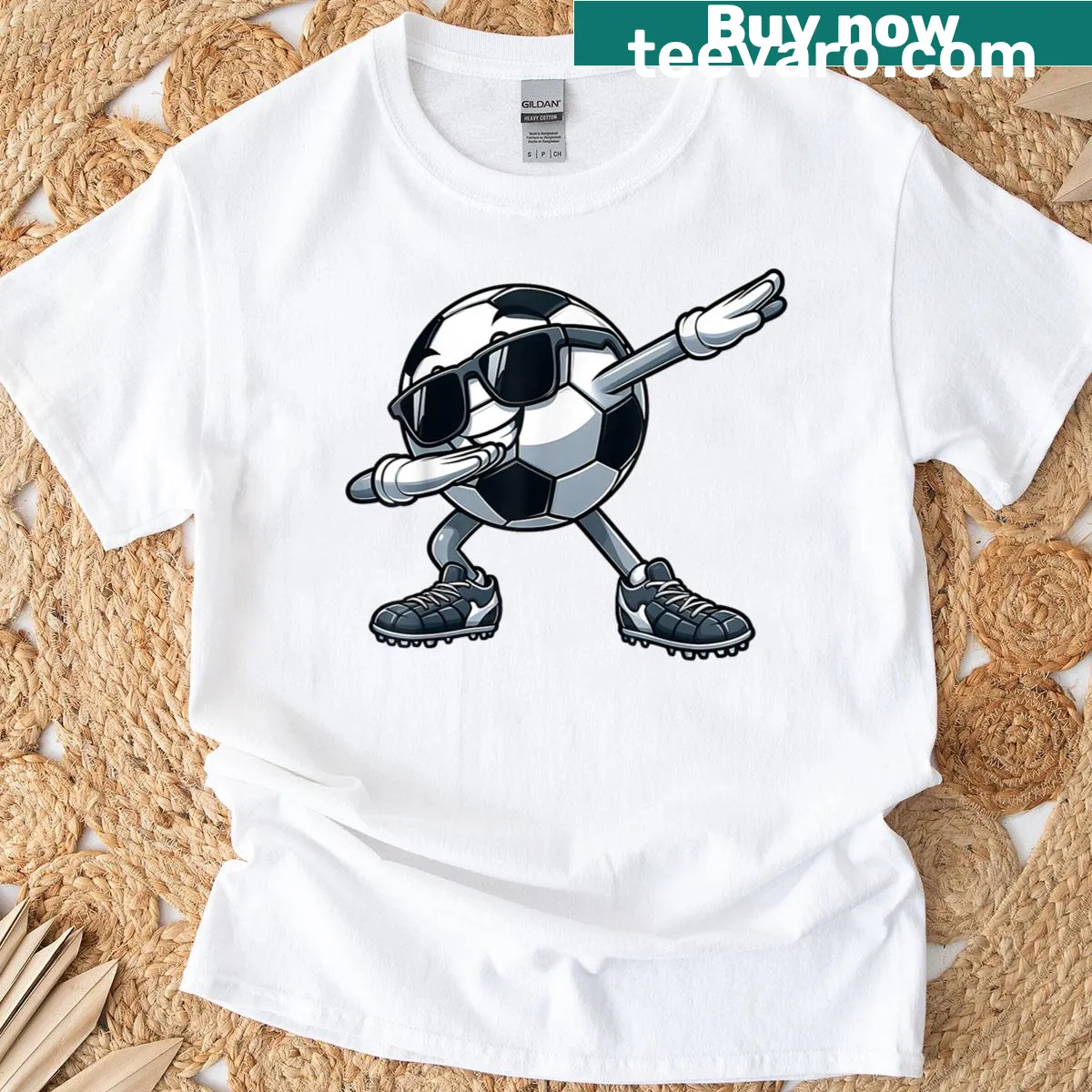Cartoon dabbing soccer player with a soccer ball graphic — on a men's t-shirt