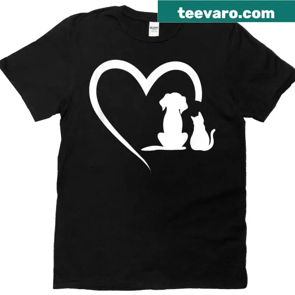 T-shirt featuring an illustration of a puppy and baby cat in a heart