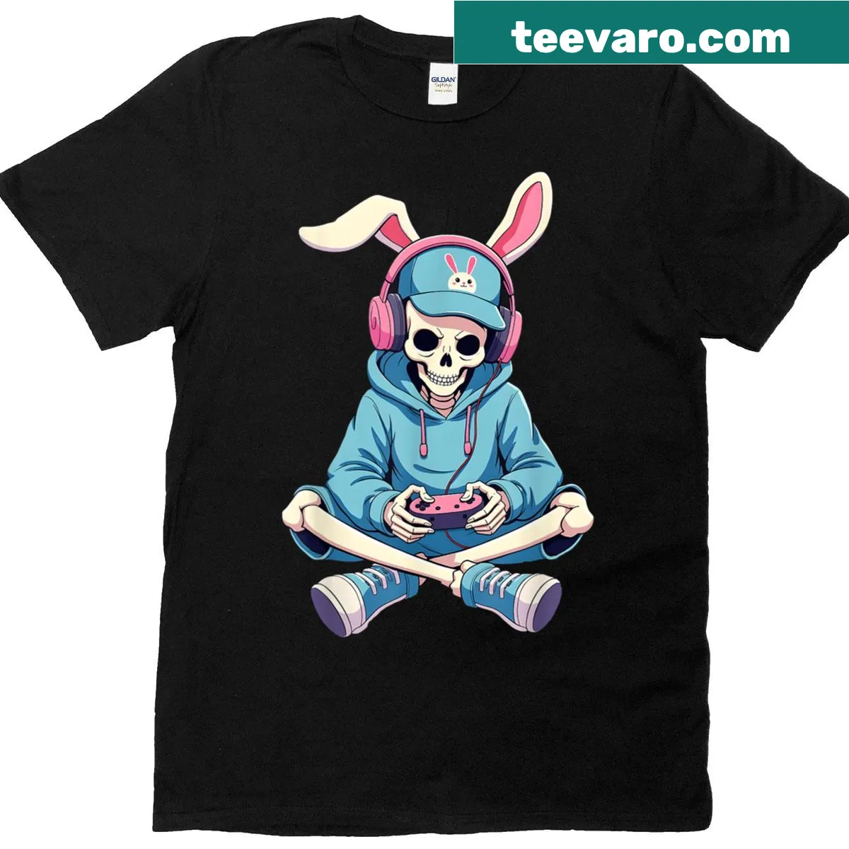 Funny gaming T-shirt featuring an Easter Bunny skeleton. — on a men's t-shirt