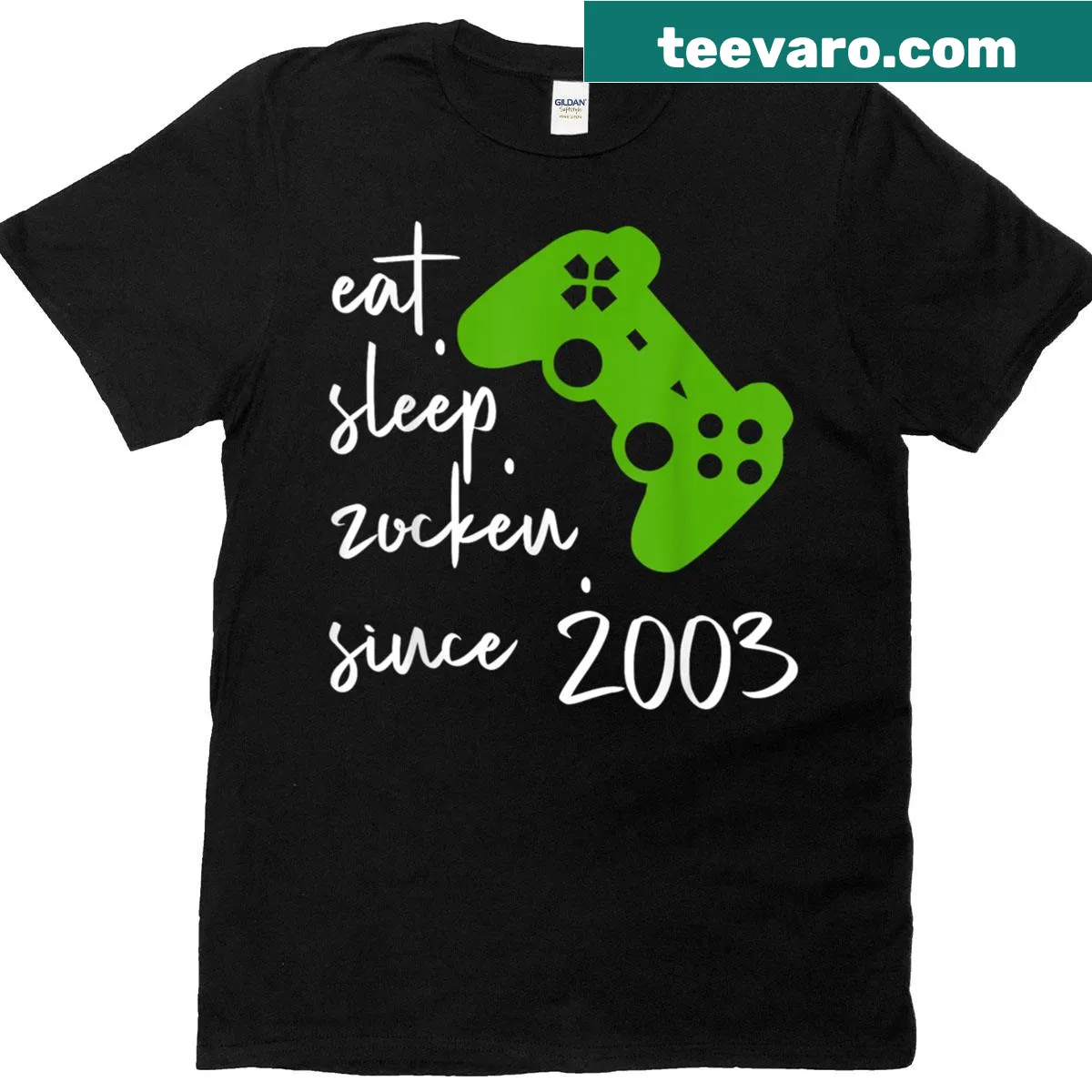 Funny T-shirt with 'Eat Sleep Game Since 2003' and gaming controller — on a men's t-shirt