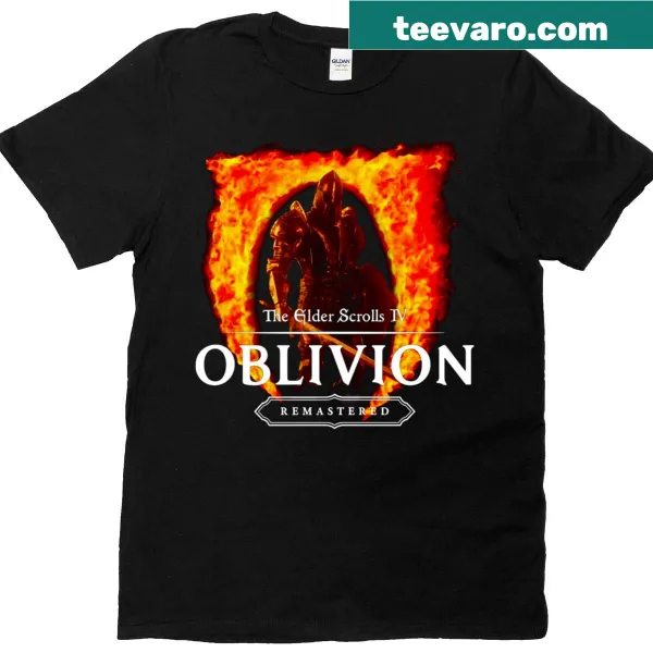 Elder Scrolls Oblivion Remastered themed t-shirt with iconic game imagery.