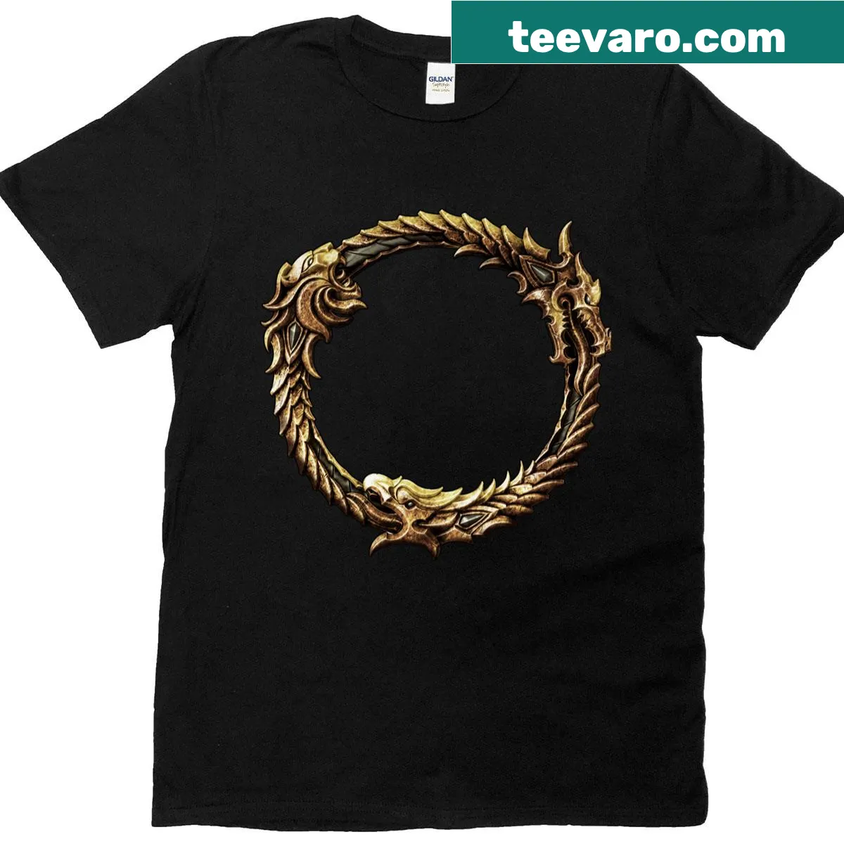 Elder Scrolls T-shirt with ouroboros and medieval fantasy design — on a men's t-shirt