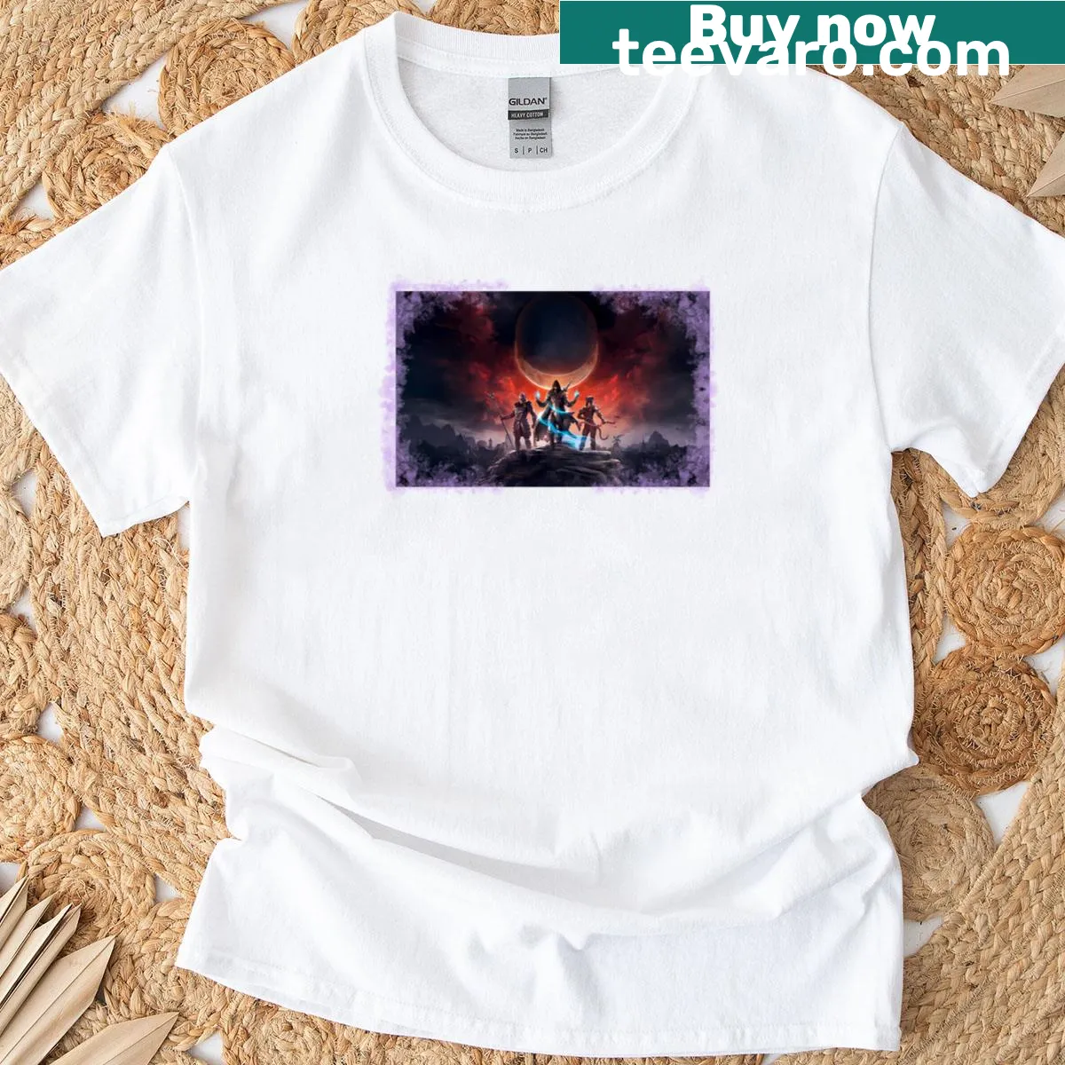 Scenic Elder Scrolls art T-shirt featuring intricate game landscapes — on a men's t-shirt