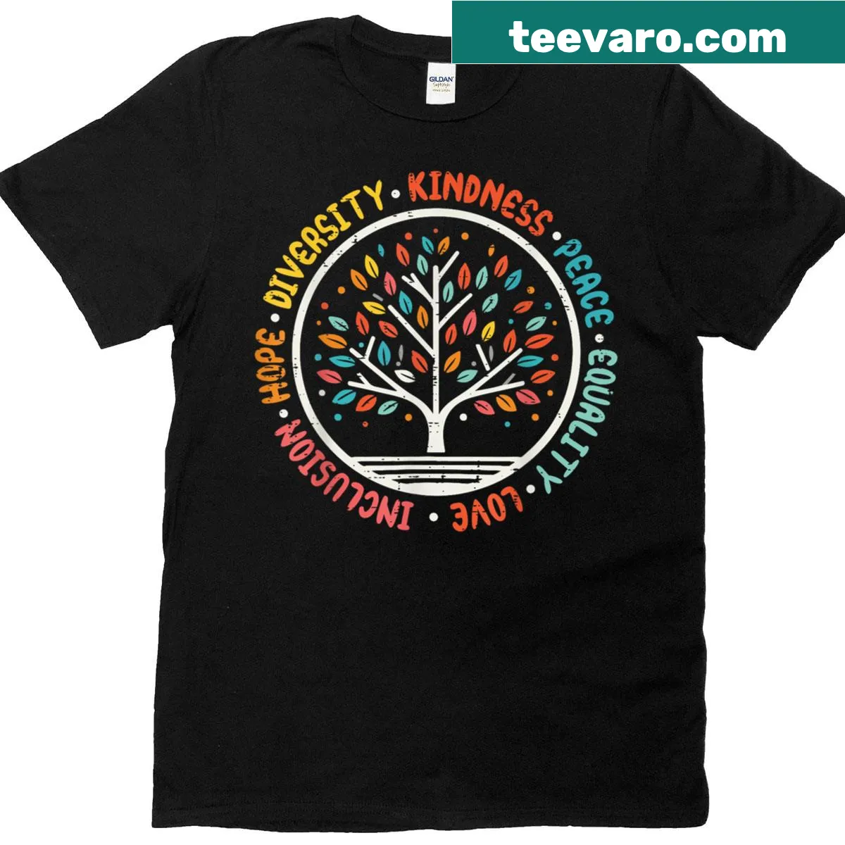 T-shirt featuring a tree design promoting equality and inclusion — on a men's t-shirt
