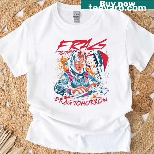 Funny gaming T-shirt with the phrase 'Frag Today Brag Tomorrow' for gamers