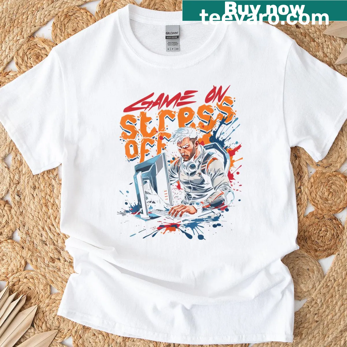 Gaming T-shirt with the phrase 'Game On Stress Off' for a relaxing vibe — on a men's t-shirt