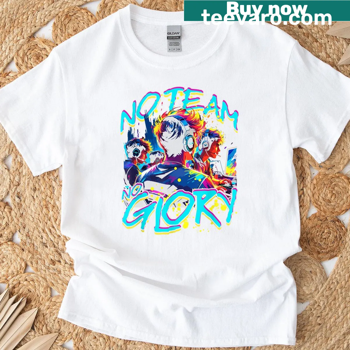 Gaming T-shirt with the phrase 'No Team No Glory' emphasizing teamwork — on a men's t-shirt