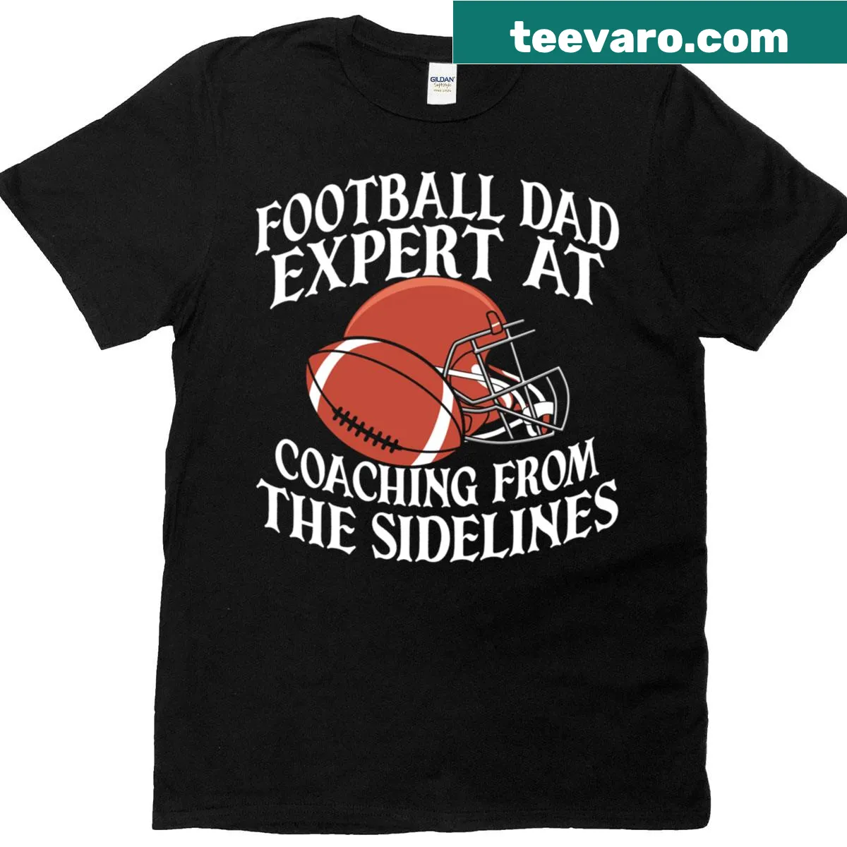 Funny T-shirt for football dads with 'Expert At Coaching From The Sidelines' text — on a men's t-shirt