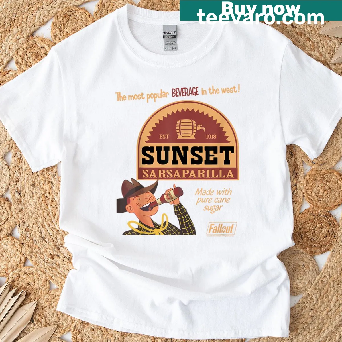 Vintage-style Fallout Sunset Sarsaparilla t-shirt with retro ad design — on a men's t-shirt
