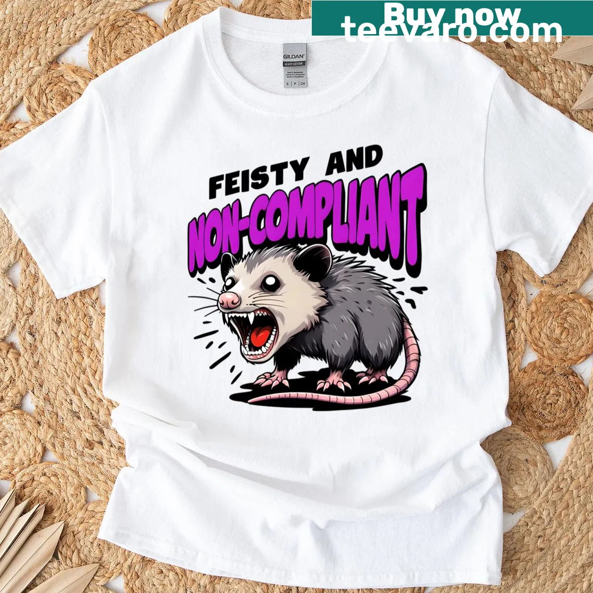 Whimsical cartoon possum design emphasizing feisty attitude on a T-shirt — on a men's t-shirt