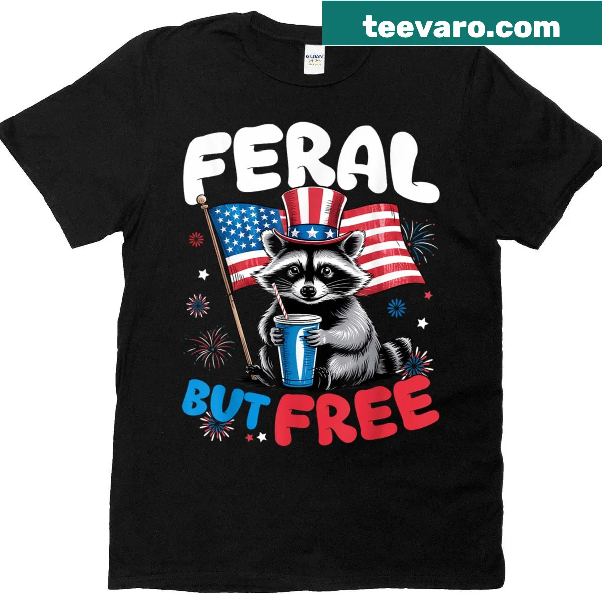 Cute 4th of July T-shirt with cartoon raccoon design — on a men's t-shirt