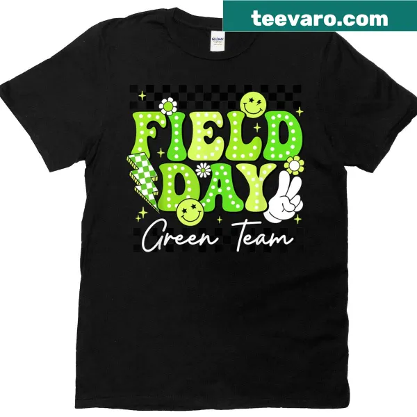 Green team color T-shirt for kids with Field Day graphics