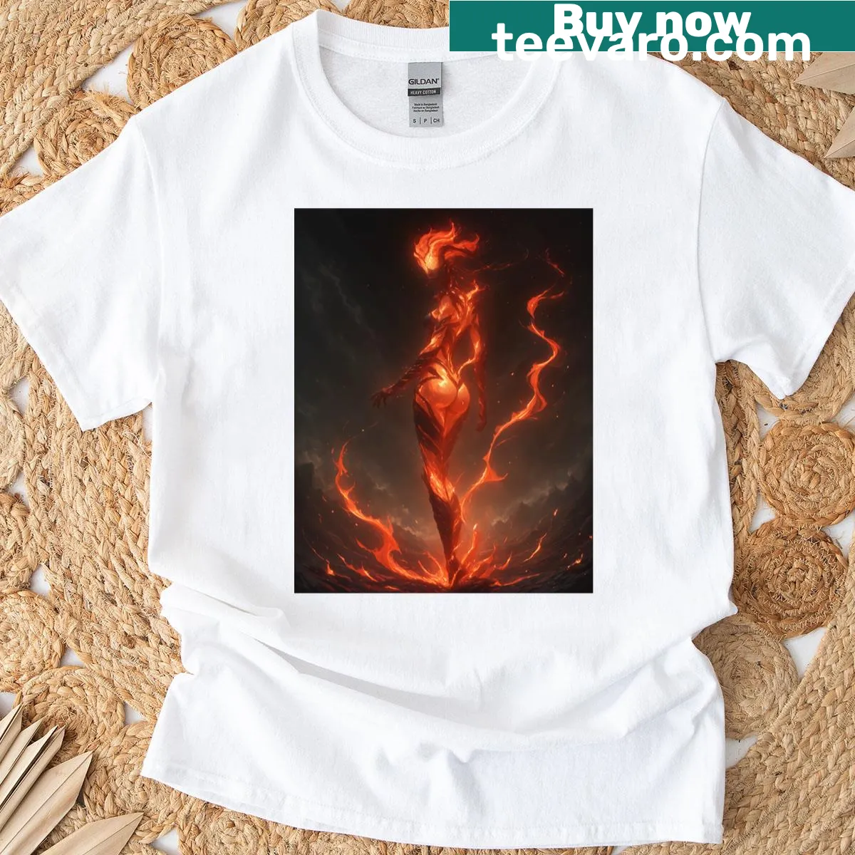 Illustrative t-shirt featuring a Flame Atronach graphic — on a men's t-shirt