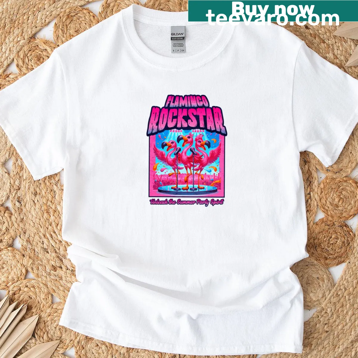 Playful T-shirt featuring a flamingo as a rockstar — on a men's t-shirt