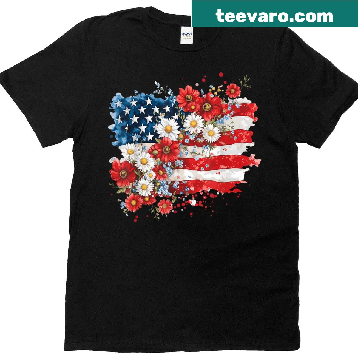 Floral design of the American flag for a women's 4th of July T-shirt. — on a men's t-shirt