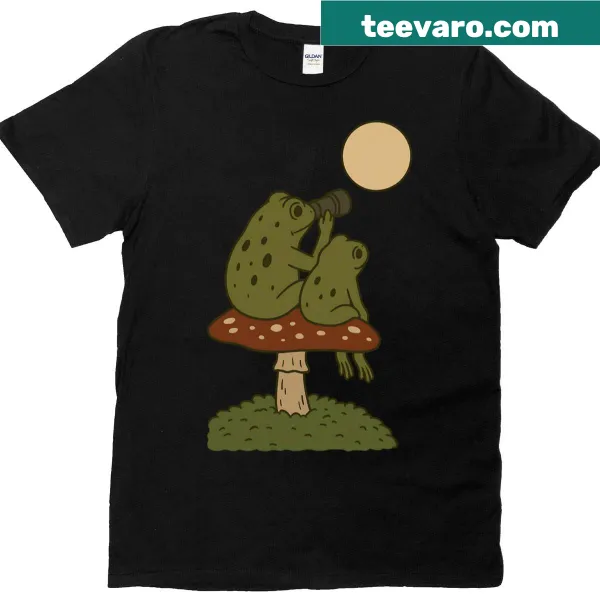 Oversized t-shirt with cute frogs stargazing on mushrooms illustration
